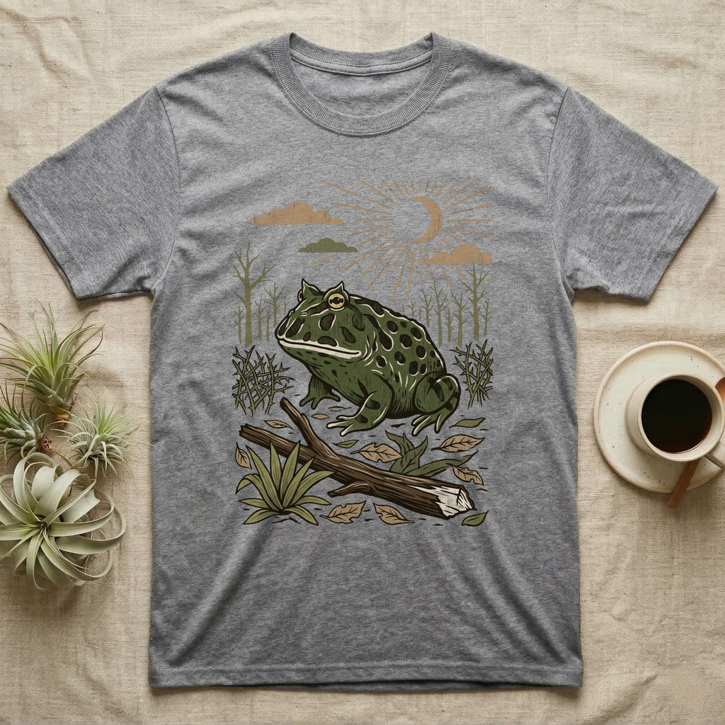 Pacman Frog Home Range T-Shirt in Sport Grey — Woodcut-style illustration of a pacman frog sitting on the Chaco forest floor among fallen branches and thorn scrub, no on-shirt text.