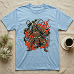 Blue t-shirt with warrior cockroach design and fiery background.