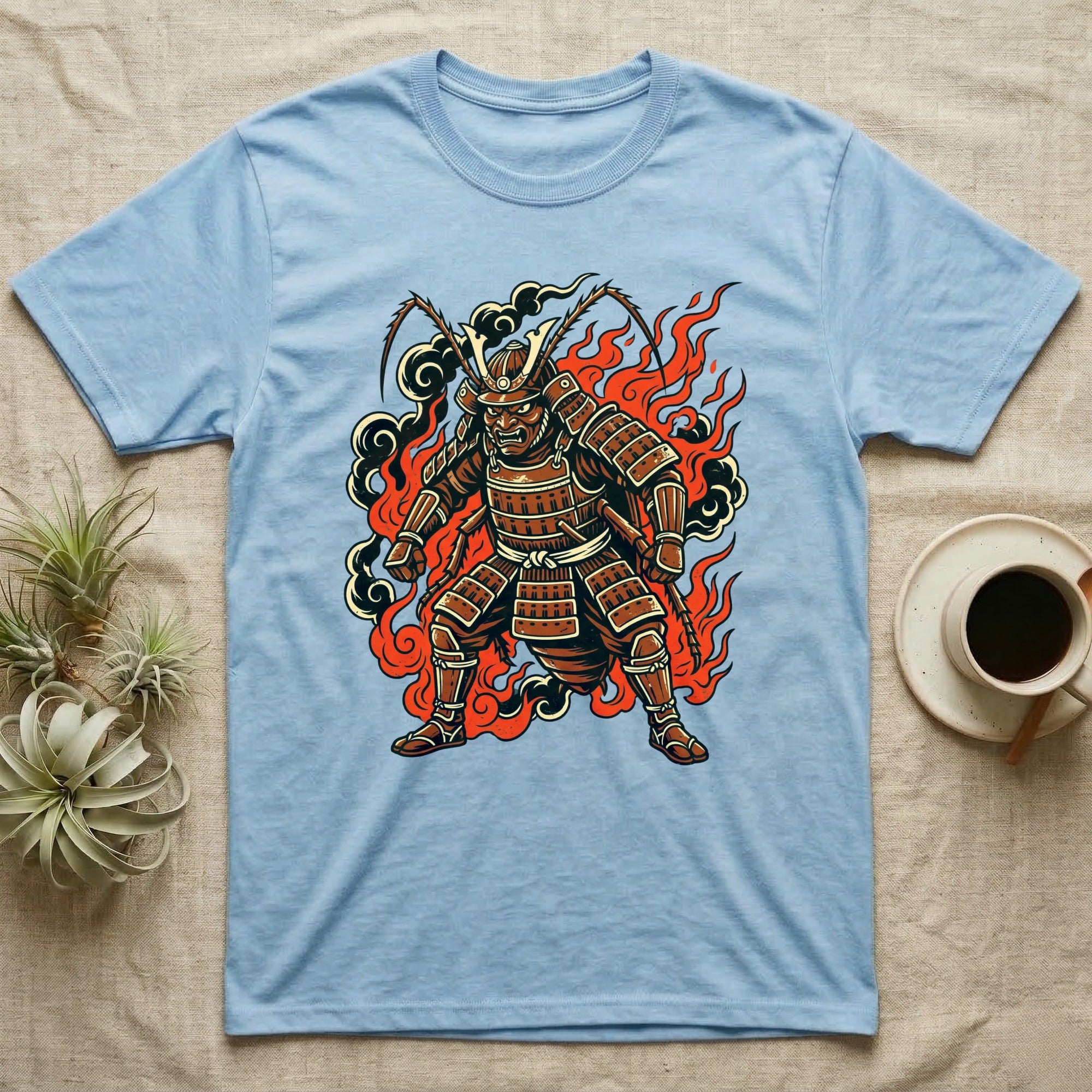 Blue t-shirt with warrior cockroach design and fiery background.