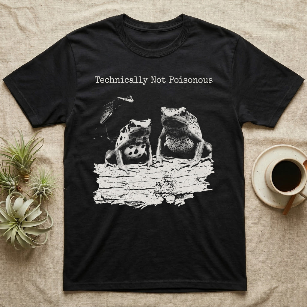 Technically Not Poisonous Dart Frog T-Shirt in Black — Three blue poison dart frogs on a bark ledge in distressed screen-print style under the line Technically Not Poisonous.