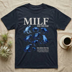 Blue Poison Dart Frog T-Shirt in Navy — Eight blue poison dart frogs in a cut-out photo collage beneath the huge cream word MILF on grey.