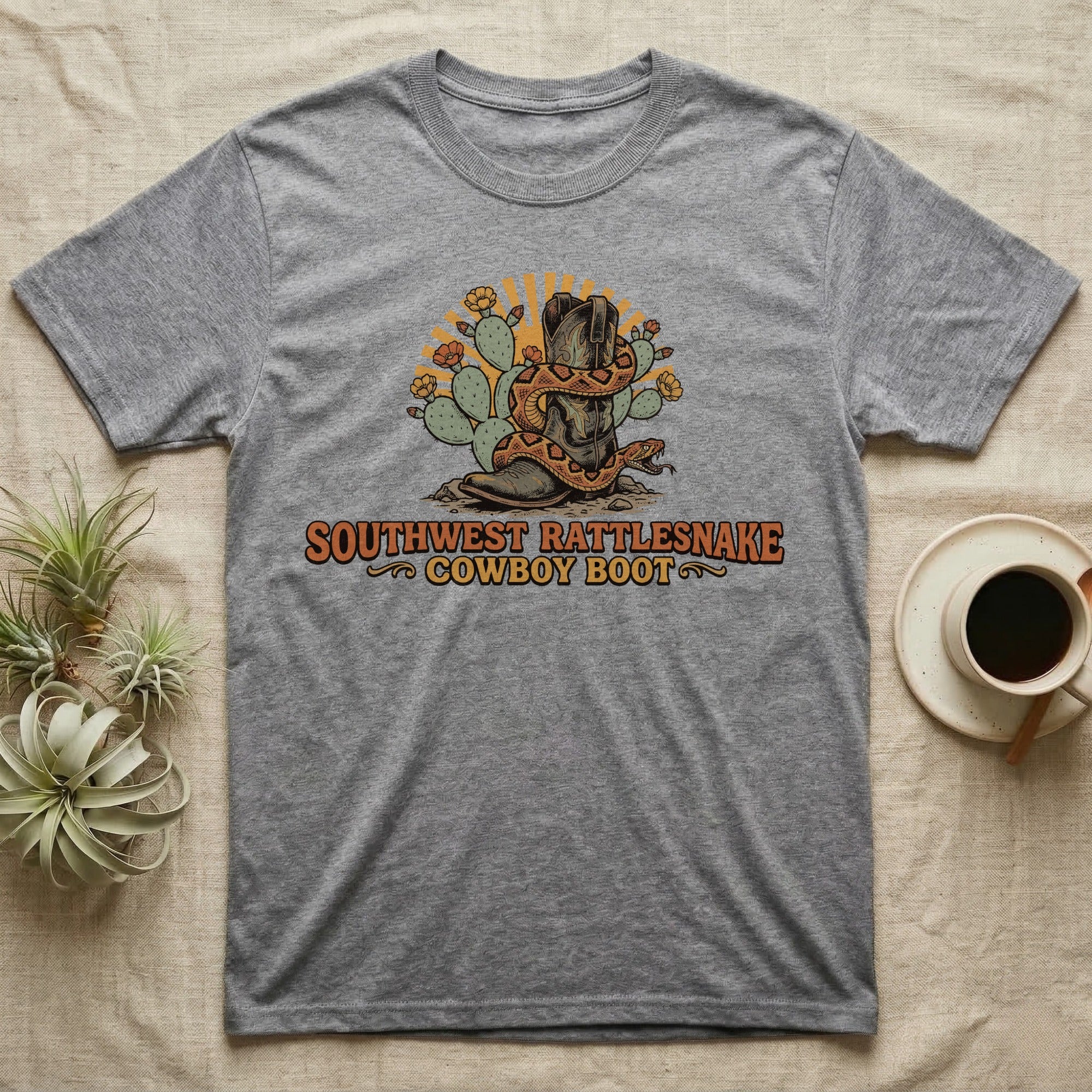 Grey t-shirt with Southwest Rattlesnake Cowboy Boot graphic.