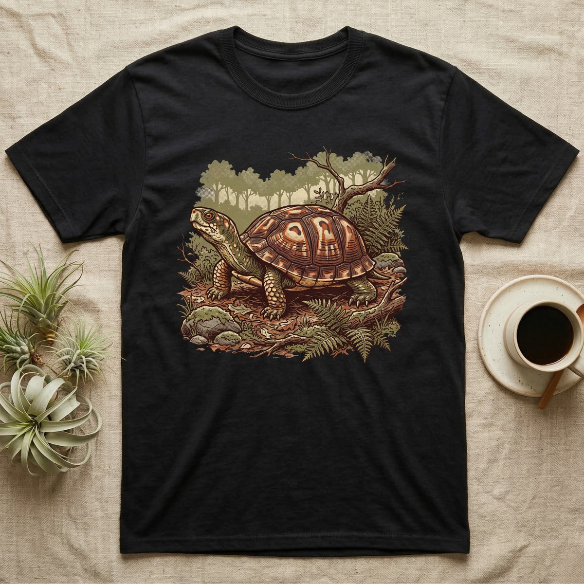 Wild Box Turtle T-Shirt in Black — Retro conservation-poster illustration of a box turtle in a woodland habitat slice with ferns and leaf litter.