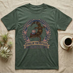 Leopard Gecko 1776 T-Shirt in Military Green — Vintage badge of a leopard gecko in an Uncle Sam hat with laurel wreath and flags, banner reading Strollin' For Reptiles Since 1776.