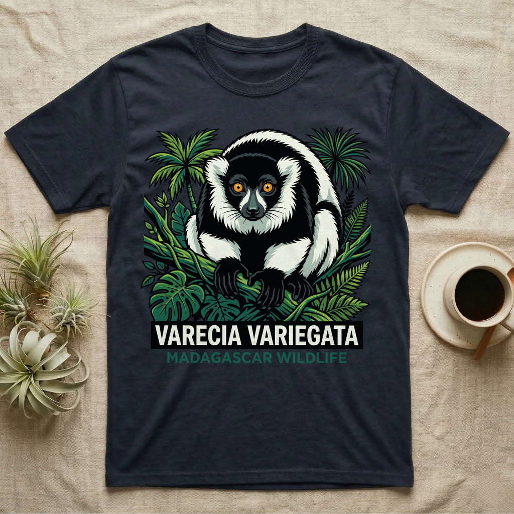 Black and white ring-tailed lemur illustration on a dark t-shirt.