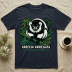Black and white ring-tailed lemur illustration on a dark t-shirt.