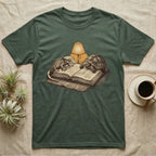 Cold-Blooded Book Club T-Shirt in Military Green — Engraved cozy illustration of a gecko and a tortoise sharing an open book under a glowing reading lamp.