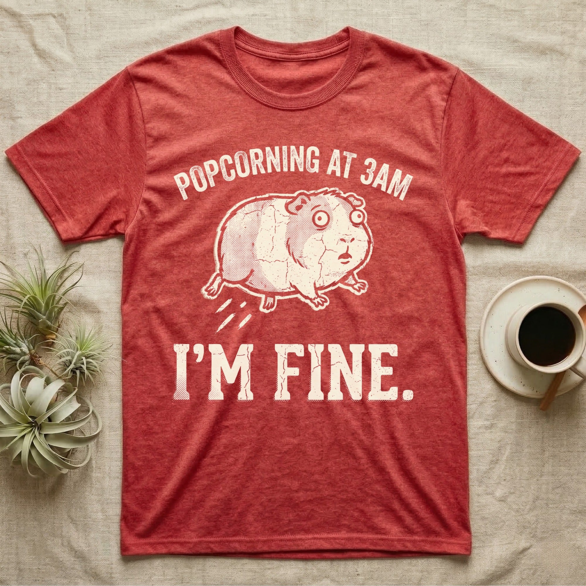 Guinea Pig Popcorning 3AM Tee in Heather Red — Grunge-distressed guinea pig mid-popcorn with all four feet airborne and distressed type "Popcorning At 3AM I'm Fine."