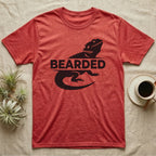 Red t-shirt with a black silhouette of a bearded dragon and the word "BEARDED" in black text.