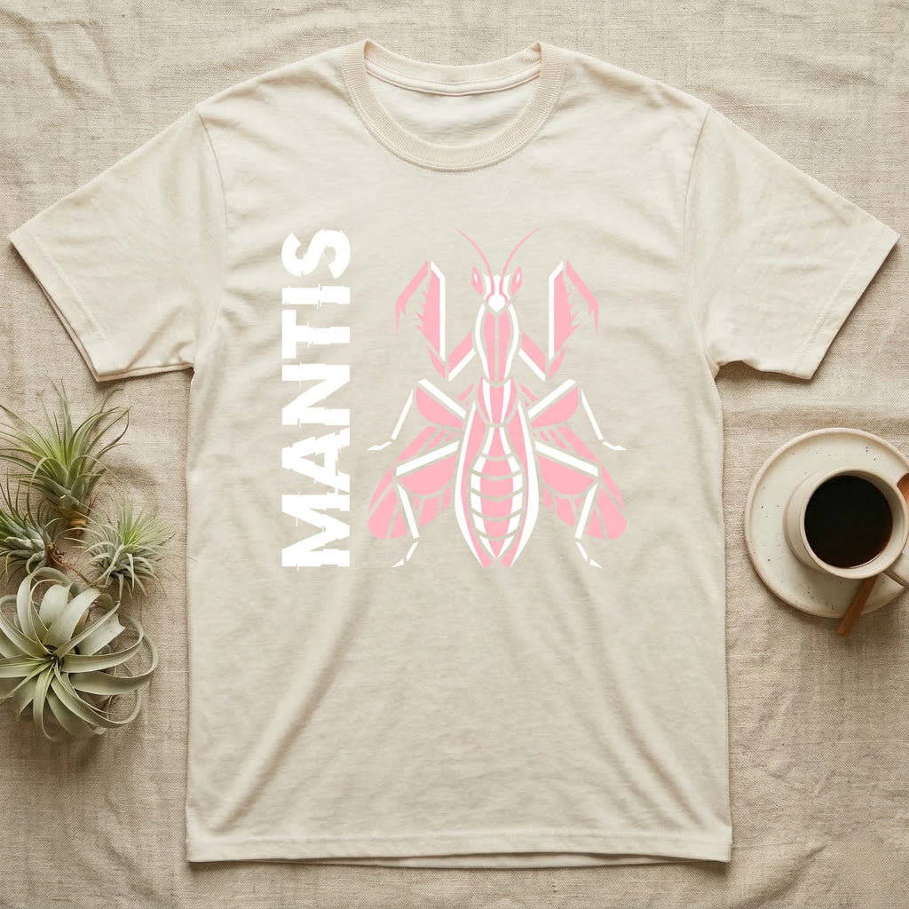 Cream t-shirt with a large pink mantis design and "MANTIS" text.