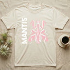 Cream t-shirt with a large pink mantis design and "MANTIS" text.
