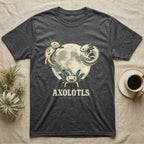 Three Axolotl Moon Tee in Dark Heather — Retro-illustration of three smiling axolotls with feathery gill plumes arranged around a stratified halftone full moon.