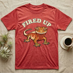Fired Up Crested Gecko T-Shirt in Heather Red — Retro 90s-style illustration of a fired-up crested gecko under a bold arc headline reading Fired Up.