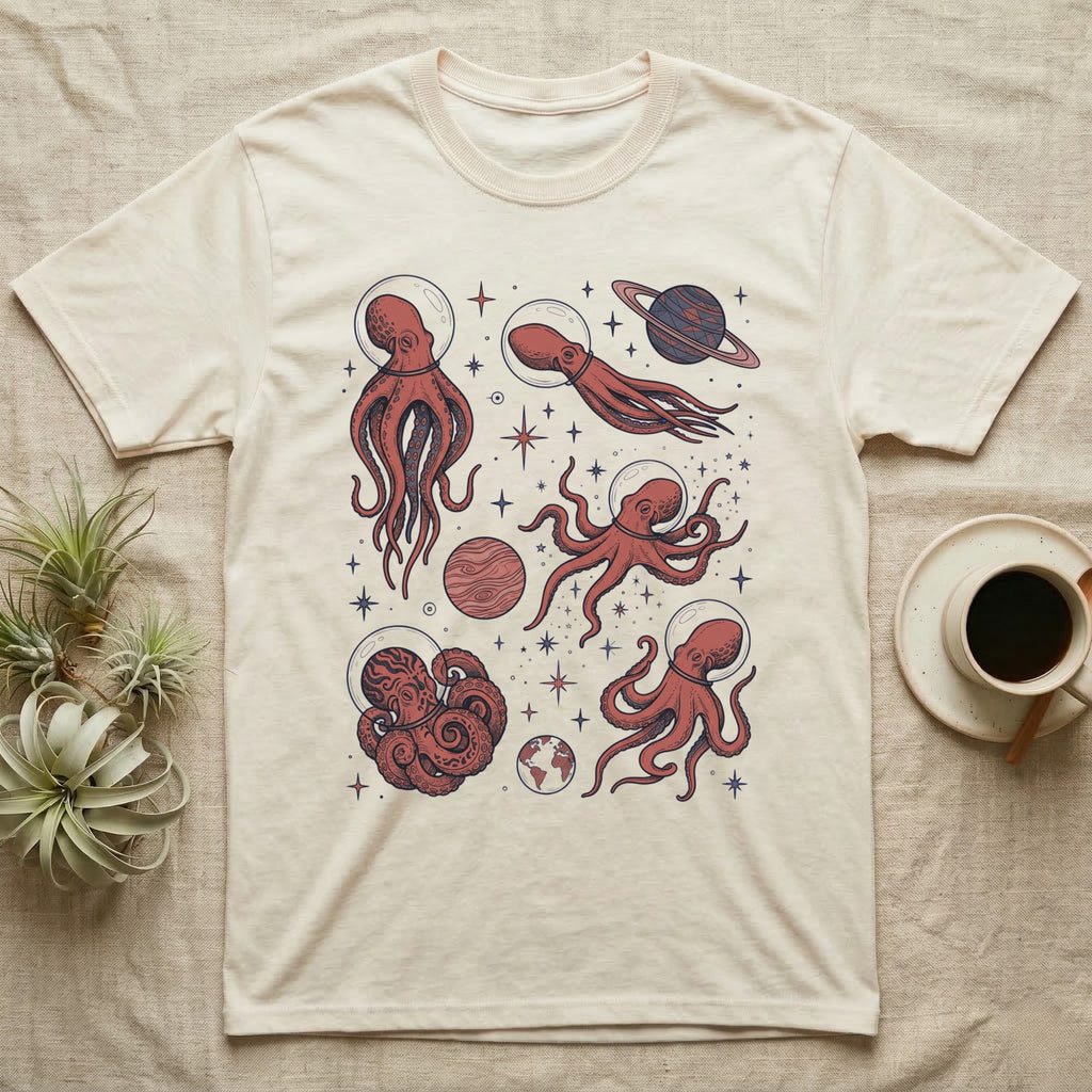 Cream t-shirt with maroon octopus and planet graphics.
