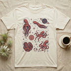 Cream t-shirt with maroon octopus and planet graphics.