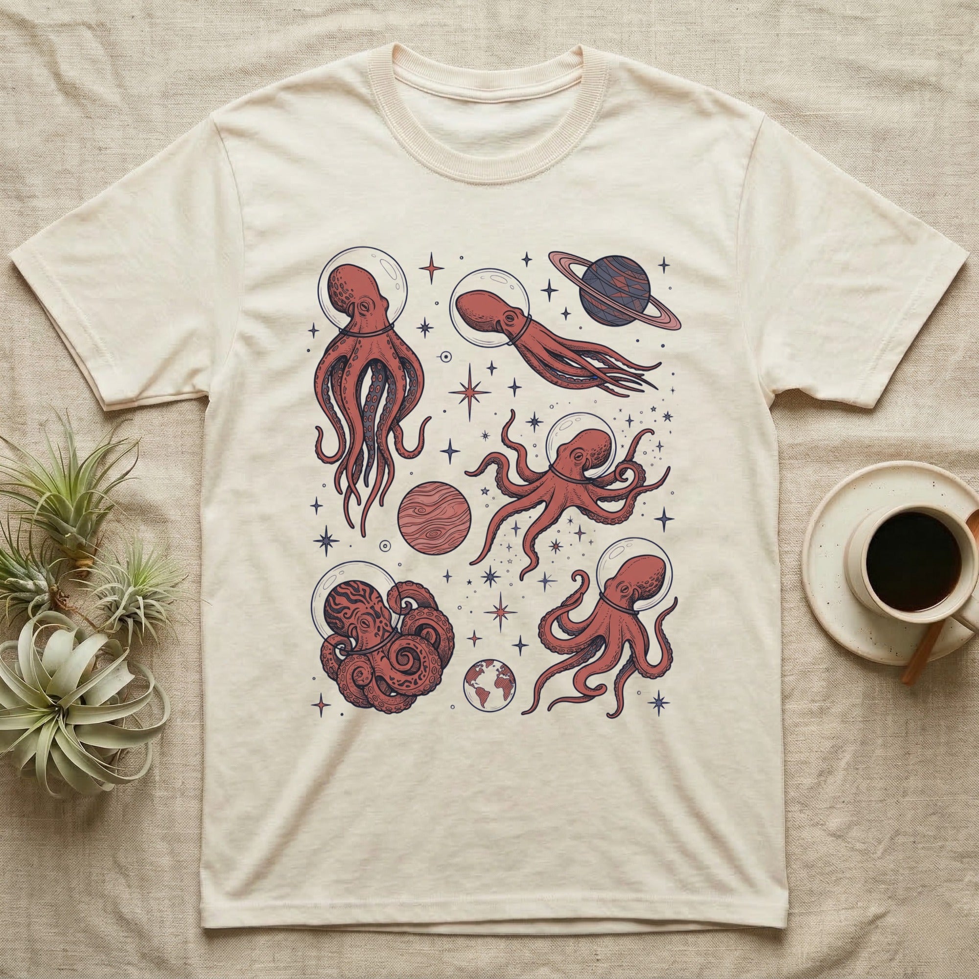 Cream t-shirt with maroon octopus and planet graphics.