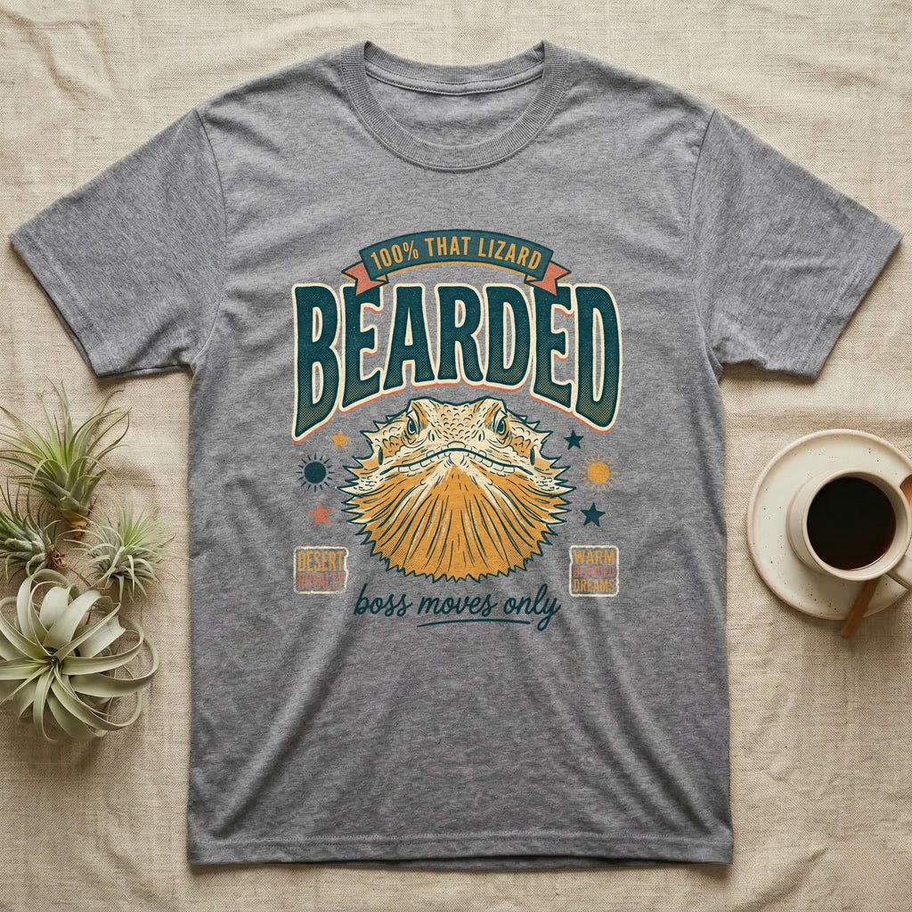 Grey t-shirt with "Bearded Boss Moves Only" text and a lizard graphic.