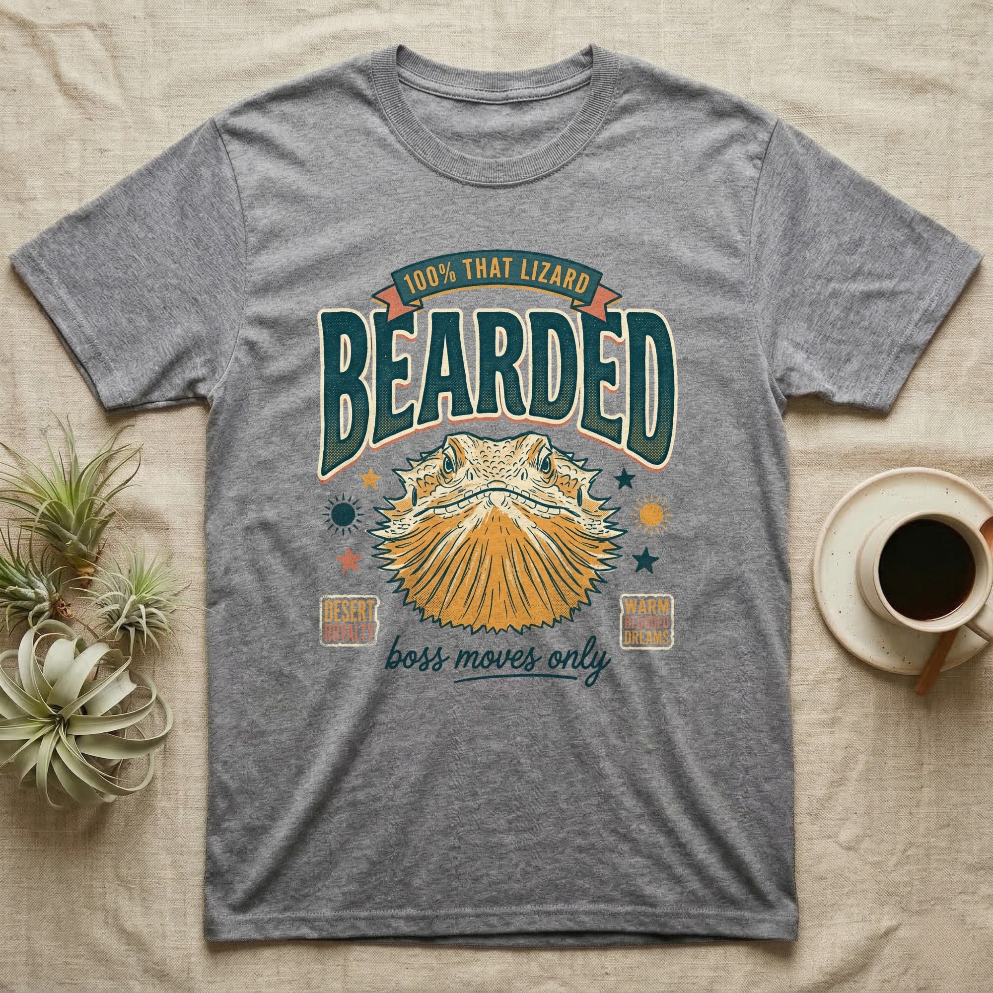 Grey t-shirt with "Bearded Boss Moves Only" text and a lizard graphic.