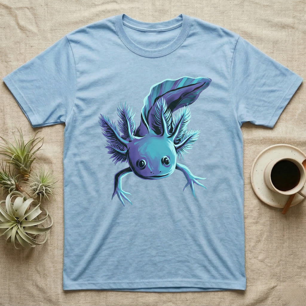 Neon cyan and purple illustration of a floating axolotl with spread gill plumes in a glowing bioluminescent style, no on-shirt text. — shown on a Light Blue tee.