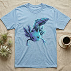 Neon cyan and purple illustration of a floating axolotl with spread gill plumes in a glowing bioluminescent style, no on-shirt text. — shown on a Light Blue tee.