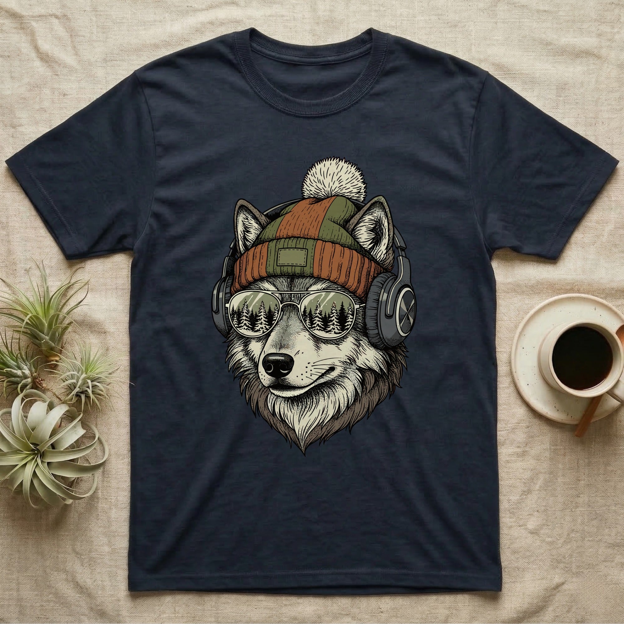 Dark t-shirt with graphic of wolf wearing headphones and beanie.