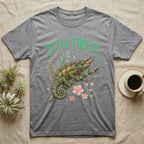 Jackson's Chameleon Feral T-Shirt in Sport Grey — Three-horned Jackson's chameleon on a branch below a dripping jade-green metal "Triple Threat" wordmark