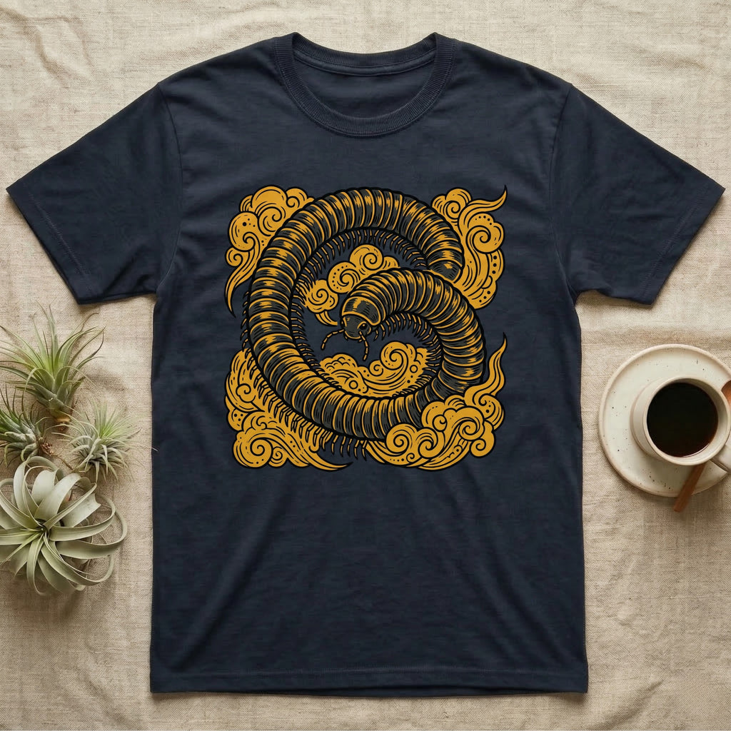 Dark t-shirt with a coiled yellow millipede design against a cloud background.