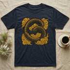 Dark t-shirt with a coiled yellow millipede design against a cloud background.