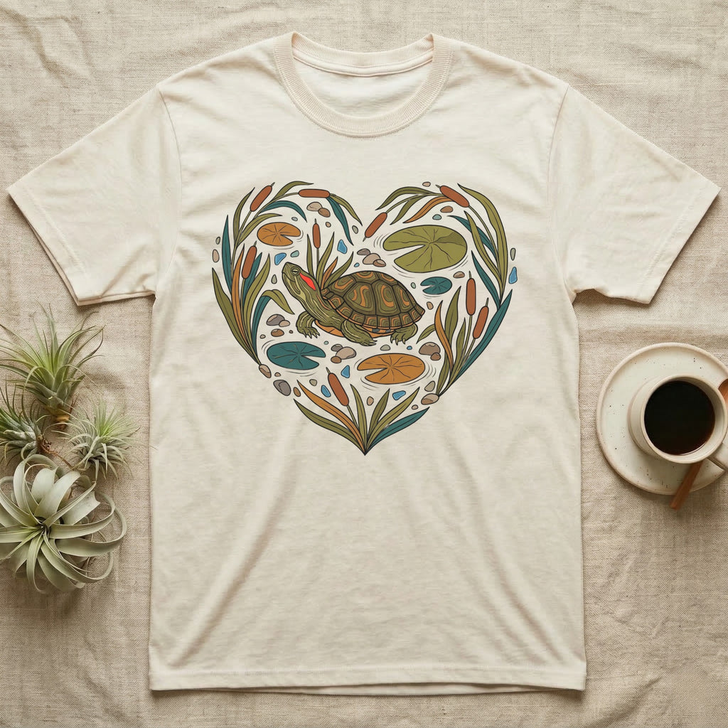 Cream t-shirt with a heart-shaped design of a turtle, reeds, and lily pads.