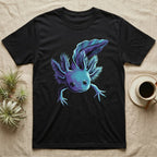 Neon cyan and purple illustration of a floating axolotl with spread gill plumes in a glowing bioluminescent style, no on-shirt text. — shown on a Black tee.