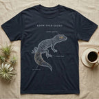Leopard Gecko Anatomy T-Shirt in Navy — One-ink leopard gecko specimen with "Know Your Gecko" header and handwritten labels for eyelids, tail, toes.