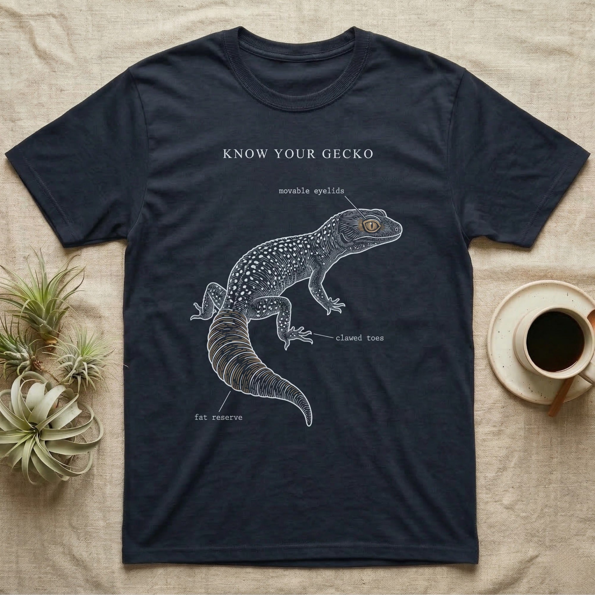 Leopard Gecko Anatomy T-Shirt in Navy — One-ink leopard gecko specimen with "Know Your Gecko" header and handwritten labels for eyelids, tail, toes.