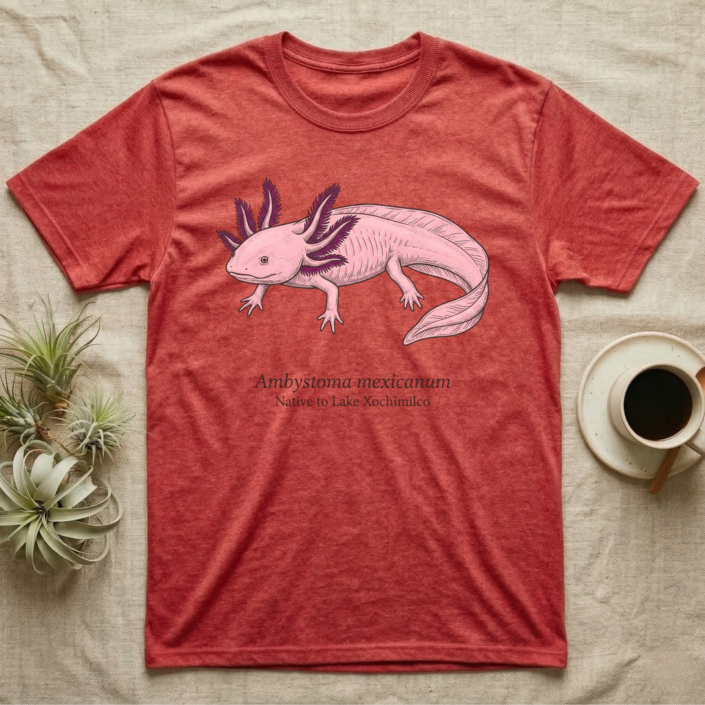 Red t-shirt with illustration of a pink axolotl and text "Ambystoma Mexicanum Native to Lake Xochimilco".