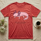 Red t-shirt with illustration of a pink axolotl and text "Ambystoma Mexicanum Native to Lake Xochimilco".