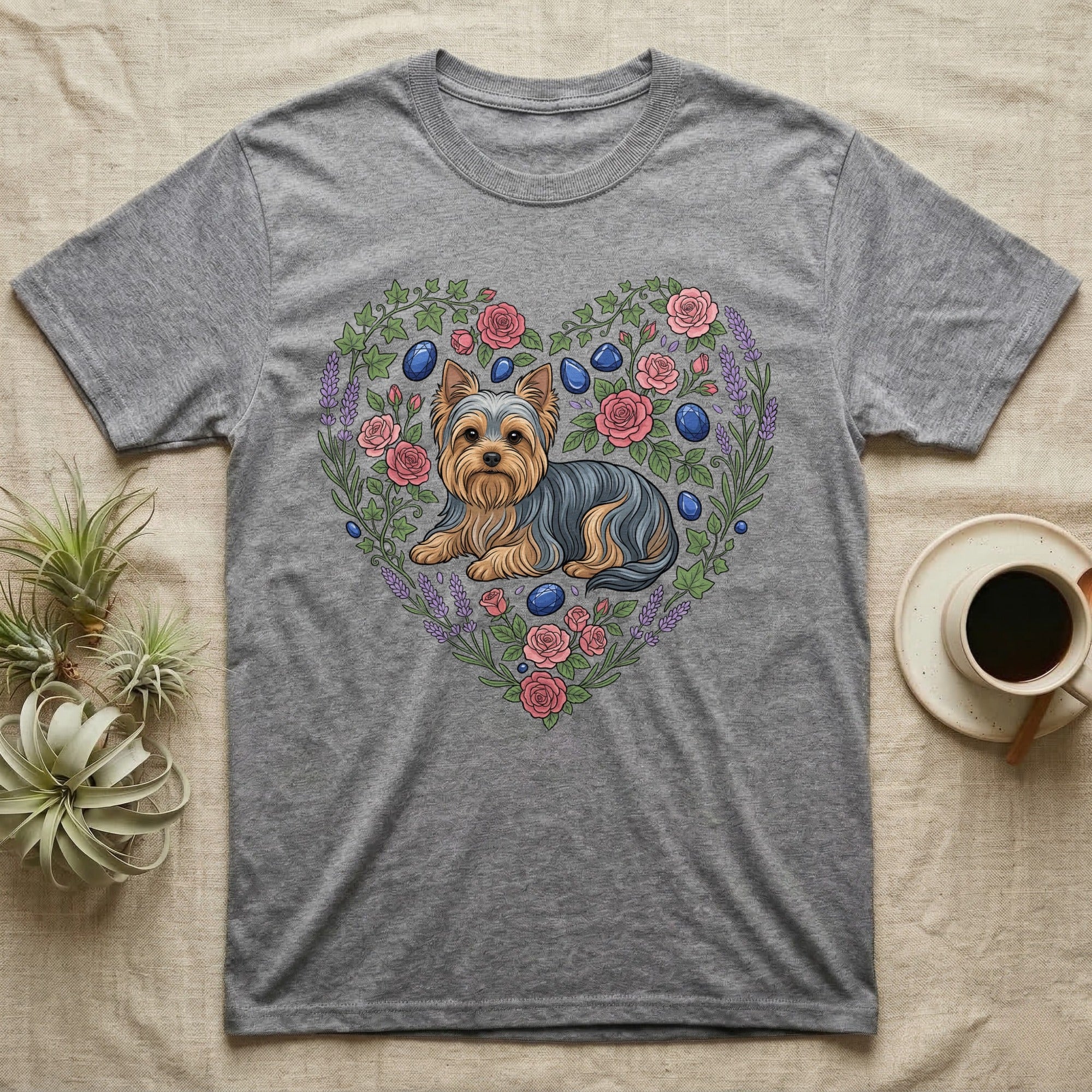 Grey t-shirt with a Yorkshire terrier in a floral heart design.