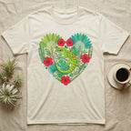 T-shirt with a heart-shaped design of tropical leaves, flowers, bamboo, and a gecko.