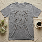 Mourning Gecko Clone Squad T-Shirt in Sport Grey — Scatter-pattern line art of ten identical mourning geckos among terrarium leaf-litter glyphs.