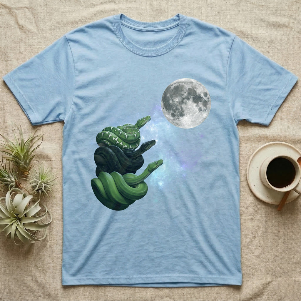 Emerald Tree Boa Moon Howl T-Shirt in Light Blue — Three Emerald Tree Boa colour morphs howling at a full moon over a nebula on a dark grey t-shirt.