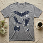 Grey t-shirt with four eagles in space, stars, and planets.