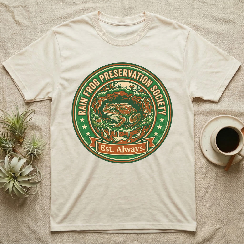 Cream t-shirt with a circular logo featuring a frog and "Rain Frog Preservation Society Est. Always."