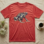 Dart Frog Tadpole T-Shirt in Heather Red — Naturalist-plate illustration of a dyeing dart frog carrying tadpoles on its back with a dry typewriter caption beside it.