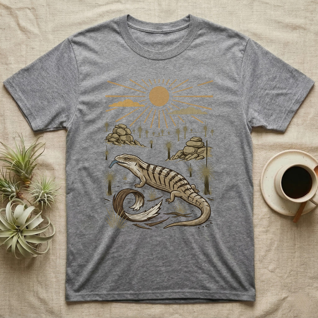 Blue-Tongued Skink Home Range T-Shirt in Sport Grey — Woodcut-style illustration of a blue-tongued skink walking across bare soil with its tongue out, shed skin and grass trees behind, no on-shirt text.