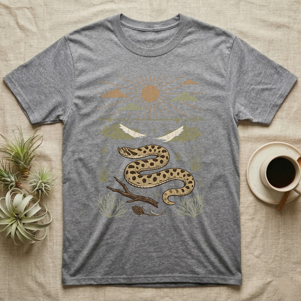 Western Hognose Home Range T-Shirt in Sport Grey — Woodcut-style illustration of a western hognose snake nosing through sand with dunes and sagebrush behind, no on-shirt text.