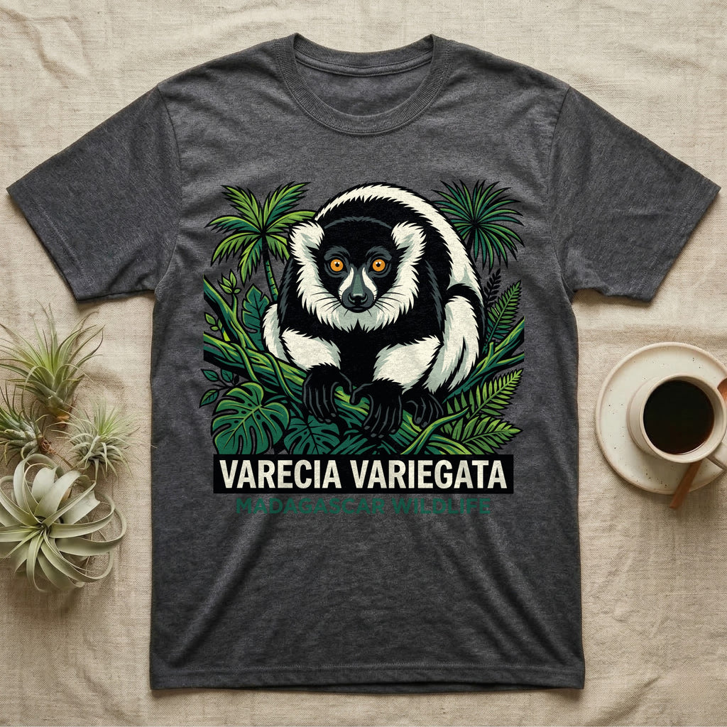 Black and white varecia variegata lemur on a dark gray t-shirt.