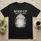 Hognose Hood Up T-Shirt in Black — Gritty white print of a western hognose reared up front-on with its neck flattened, under the words HOOD UP, leave me alone, on black