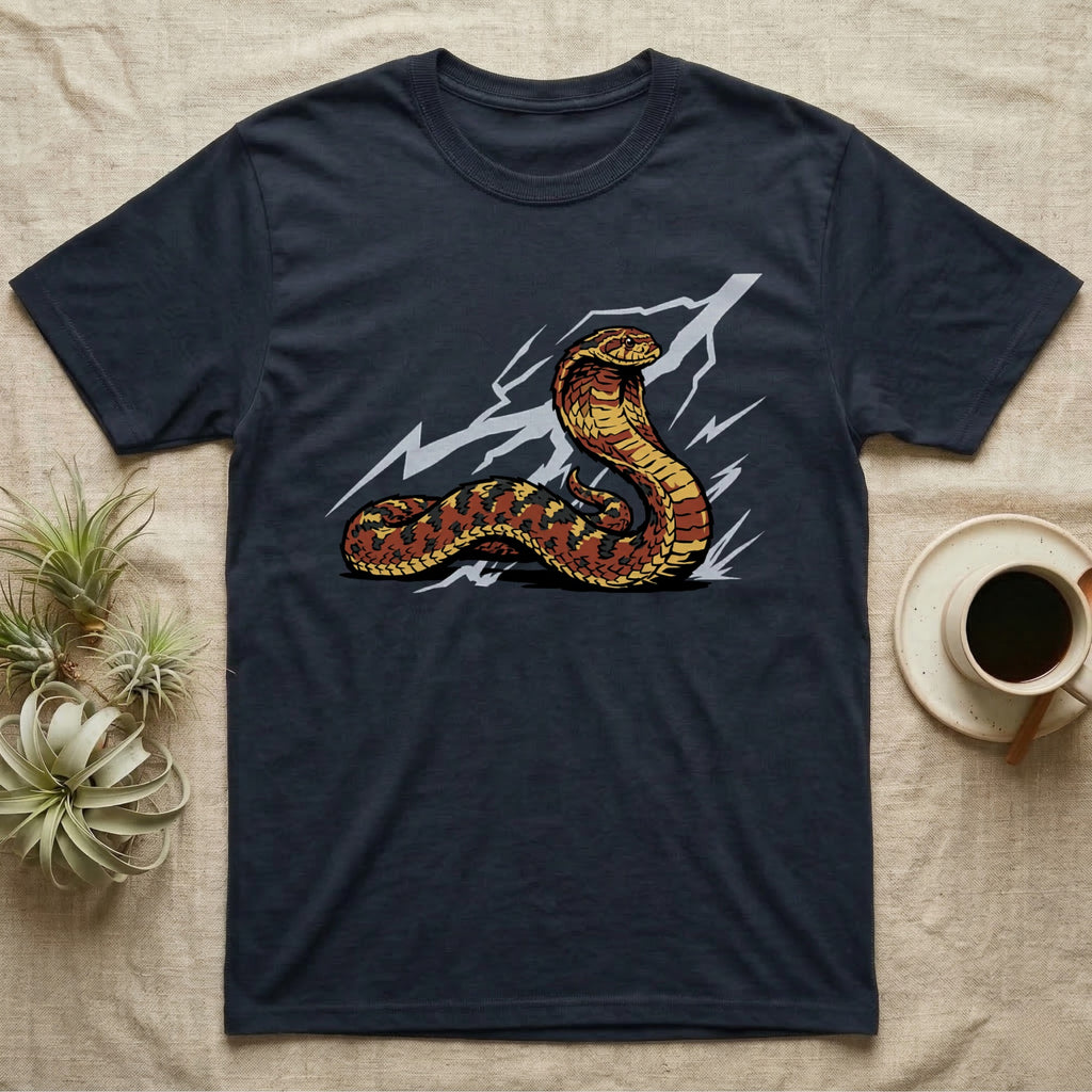 Dark t-shirt with a stylized cobra and lightning bolt graphic.