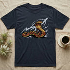 Dark t-shirt with a stylized cobra and lightning bolt graphic.