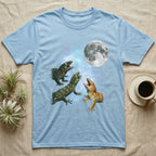 Leachianus Gecko Moon Howl T-Shirt in Light Blue — Three Leachianus Gecko colour morphs howling at a full moon over a nebula on a dark grey t-shirt.