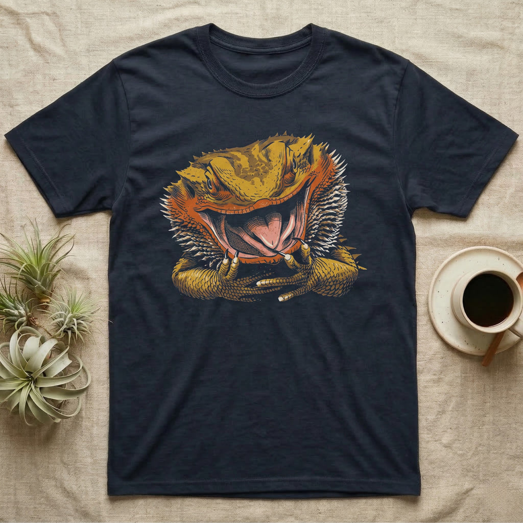 Vintage ink illustration of a bearded dragon head with its mouth wide open, tongue out, front claws raised, no on-shirt text. — shown on a Navy tee.