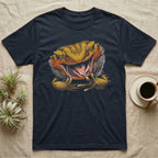Vintage ink illustration of a bearded dragon head with its mouth wide open, tongue out, front claws raised, no on-shirt text. — shown on a Navy tee.
